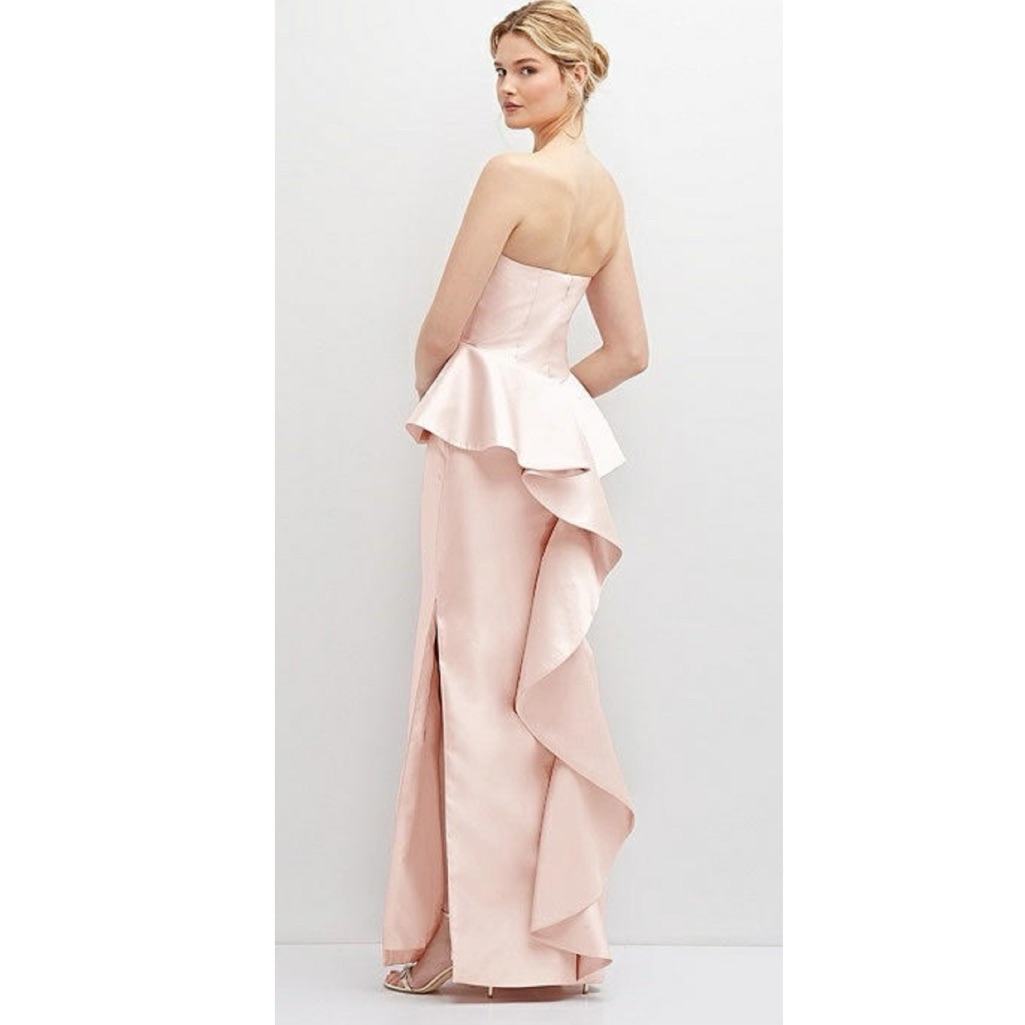 Strapless Ballet Pink Satin Dress W Cascade Ruffle & Peplum Detail